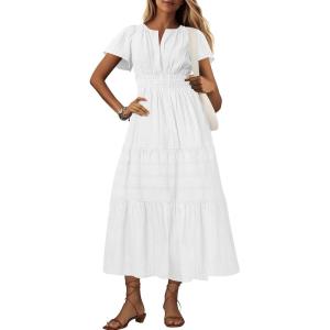 imageBTFBM 2024 Womens Summer Maxi Dresses Short Sleeve High Waist Tiered Flowy ALine Boho Beach Dress PocketsWhite