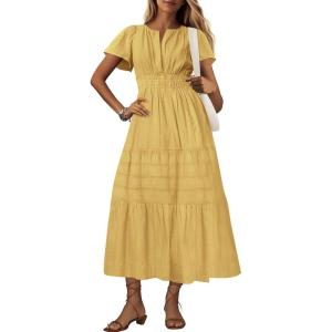 imageBTFBM 2024 Womens Summer Maxi Dresses Short Sleeve High Waist Tiered Flowy ALine Boho Beach Dress PocketsYellow