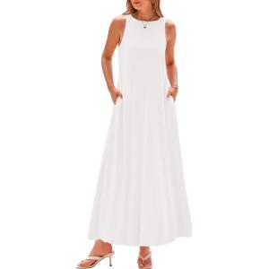 imageBTFBM 2025 Women Summer Sleeveless Dress Crew Neck Casual Loose Sundress Bubble Hem Flowy Tank Maxi Dresses with PocketsBeige White