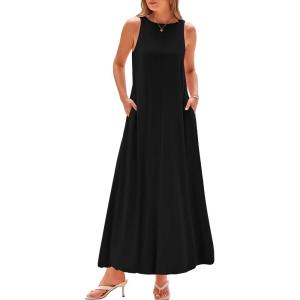 imageBTFBM 2025 Women Summer Sleeveless Dress Crew Neck Casual Loose Sundress Bubble Hem Flowy Tank Maxi Dresses with PocketsBlack