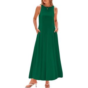 imageBTFBM 2025 Women Summer Sleeveless Dress Crew Neck Casual Loose Sundress Bubble Hem Flowy Tank Maxi Dresses with PocketsDark Green