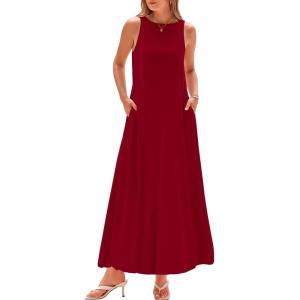 imageBTFBM 2025 Women Summer Sleeveless Dress Crew Neck Casual Loose Sundress Bubble Hem Flowy Tank Maxi Dresses with PocketsJujube Red