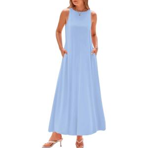 imageBTFBM 2025 Women Summer Sleeveless Dress Crew Neck Casual Loose Sundress Bubble Hem Flowy Tank Maxi Dresses with PocketsLight Blue
