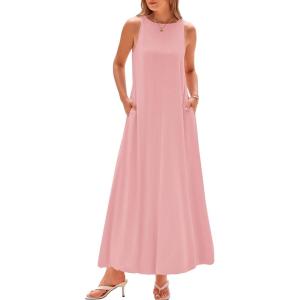 imageBTFBM 2025 Women Summer Sleeveless Dress Crew Neck Casual Loose Sundress Bubble Hem Flowy Tank Maxi Dresses with PocketsPink