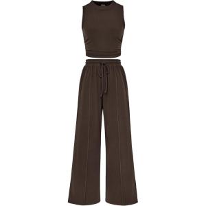 imageBTFBM Women Summer 2 Piece Outfits Ribbed Knit Crew Neck Sleeveless Cropped Top Elastic Waist Wide Leg Pants Lounge SetSolid Coffee