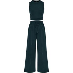 imageBTFBM Women Summer 2 Piece Outfits Ribbed Knit Crew Neck Sleeveless Cropped Top Elastic Waist Wide Leg Pants Lounge SetSolid Deep Green
