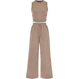 imageBTFBM Women Summer 2 Piece Outfits Ribbed Knit Crew Neck Sleeveless Cropped Top Elastic Waist Wide Leg Pants Lounge SetSolid Khaki