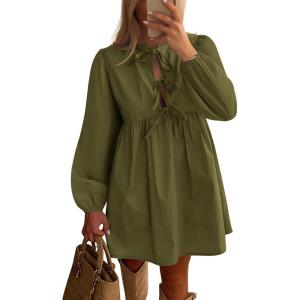 imageBTFBM Womens 2024 Fall Dresses Long Puff Sleeve Bow Tie Front Y2k Babydoll Peplum A Line Casual Cute Short Tunic DressArmy Green