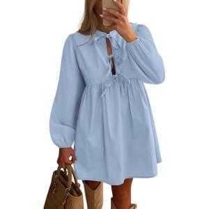 imageBTFBM Womens 2024 Fall Dresses Long Puff Sleeve Bow Tie Front Y2k Babydoll Peplum A Line Casual Cute Short Tunic DressLight Blue