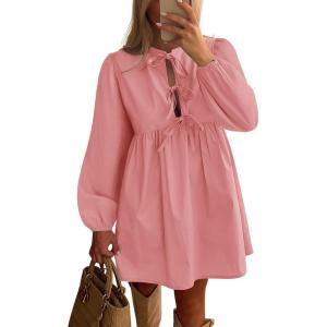 imageBTFBM Womens 2024 Fall Dresses Long Puff Sleeve Bow Tie Front Y2k Babydoll Peplum A Line Casual Cute Short Tunic DressPink