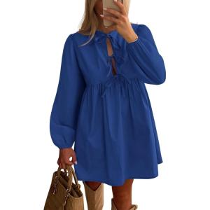 imageBTFBM Womens 2024 Fall Dresses Long Puff Sleeve Bow Tie Front Y2k Babydoll Peplum A Line Casual Cute Short Tunic DressRoyal Blue