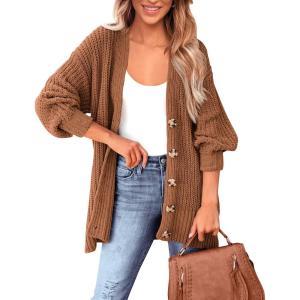 imageBTFBM Womens Button Down Cardigan Coat Long Sleeve Fall Winter Clothes Loose Chunky Knit Open Front Sweater OuterwearSolid Camel