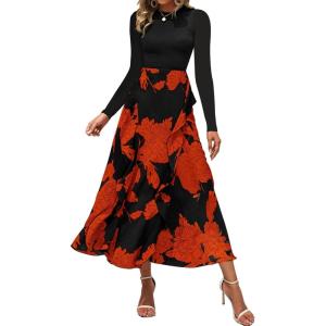 imageBTFBM Womens Fall Fashion 2024 Floral Maxi Dress Casual Crewneck Long Sleeve Ruffle Flowy Cocktail Wedding Guest DressesBig Floral Brick Red