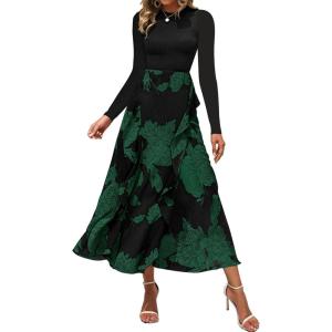 imageBTFBM Womens Fall Fashion 2024 Floral Maxi Dress Casual Crewneck Long Sleeve Ruffle Flowy Cocktail Wedding Guest DressesBig Floral Dark Green