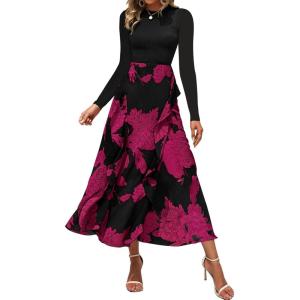 imageBTFBM Womens Fall Fashion 2024 Floral Maxi Dress Casual Crewneck Long Sleeve Ruffle Flowy Cocktail Wedding Guest DressesBig Floral Purple Red