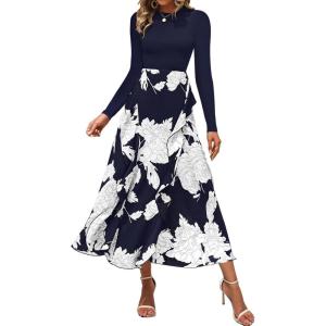 imageBTFBM Womens Fall Fashion 2024 Floral Maxi Dress Casual Crewneck Long Sleeve Ruffle Flowy Cocktail Wedding Guest DressesBig Floral White Navy