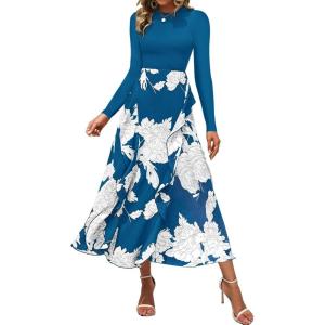 imageBTFBM Womens Fall Fashion 2024 Floral Maxi Dress Casual Crewneck Long Sleeve Ruffle Flowy Cocktail Wedding Guest DressesWhite Floral Lake Blue