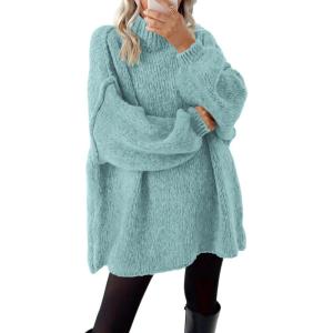 imageBTFBM Womens Long Pullover Sweaters 2024 Fall Winter Mock Neck Long Sleeve Thick Oversized Casual Knitted Jumper TopsBright Lake Blue