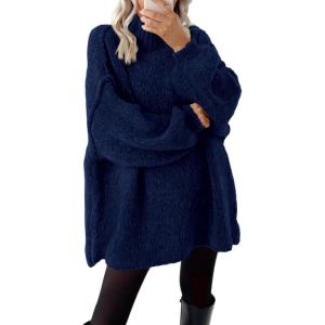 imageBTFBM Womens Long Pullover Sweaters 2024 Fall Winter Mock Neck Long Sleeve Thick Oversized Casual Knitted Jumper TopsNavy