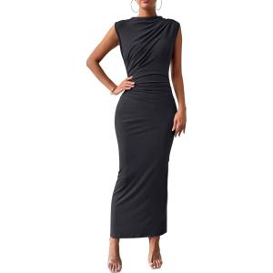 imageBTFBM Womens Ruched Bodycon Dress Summer Casual Sleeveless Back Slit Elegant Club Evening Party Cocktail Maxi DressesSolid Dark Grey