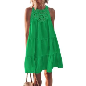 imageBTFBM Womens Summer Hollow Out Halter Dresses Casual Sleeveless ALine Tiered Swing Sundress Beach Vacation Mini DressSolid Bright Green