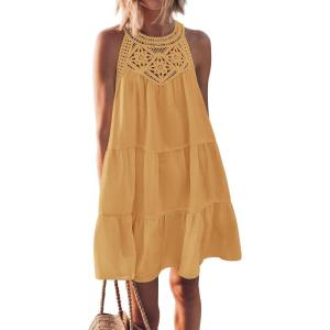 imageBTFBM Womens Summer Hollow Out Halter Dresses Casual Sleeveless ALine Tiered Swing Sundress Beach Vacation Mini DressSolid Light Orange