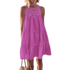 imageBTFBM Womens Summer Hollow Out Halter Dresses Casual Sleeveless ALine Tiered Swing Sundress Beach Vacation Mini DressSolid Purple