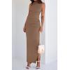 imageBTFBM Summer Two Piece Skirt Set for Women 2025 Dressy Lightweight Sleeveless Knit Top Going Out Split Maxi Skirt SetKhaki