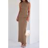 imageBTFBM Summer Two Piece Skirt Set for Women 2025 Dressy Lightweight Sleeveless Knit Top Going Out Split Maxi Skirt SetKhaki
