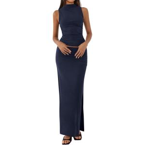 imageBTFBM Summer Two Piece Skirt Set for Women 2025 Dressy Lightweight Sleeveless Knit Top Going Out Split Maxi Skirt SetNavy