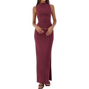 imageBTFBM Summer Two Piece Skirt Set for Women 2025 Dressy Lightweight Sleeveless Knit Top Going Out Split Maxi Skirt SetWine Red