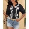imageBTFBM Womens 2025 Summer Tops Casual Floral Boho V Neck Puff Short Sleeve Button Down Shirts Embroidered Blouses TunicFloral Black White