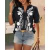 imageBTFBM Womens 2025 Summer Tops Casual Floral Boho V Neck Puff Short Sleeve Button Down Shirts Embroidered Blouses TunicFloral Black White