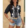 imageBTFBM Womens 2025 Summer Tops Casual Floral Boho V Neck Puff Short Sleeve Button Down Shirts Embroidered Blouses TunicFloral Black White