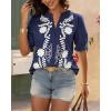 imageBTFBM Womens 2025 Summer Tops Casual Floral Boho V Neck Puff Short Sleeve Button Down Shirts Embroidered Blouses TunicFloral Navy White