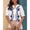 imageBTFBM Womens 2025 Summer Tops Casual Floral Boho V Neck Puff Short Sleeve Button Down Shirts Embroidered Blouses TunicFloral White Blue