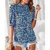 imageBTFBM Womens Summer Boho Shirt Top Ruffle Short Sleeve Frill Trim Mock Neck Floral Solid 2025 Casual Blouses Shirts TopsFloral Bright Blue