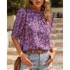 imageBTFBM Womens Summer Boho Shirt Top Ruffle Short Sleeve Frill Trim Mock Neck Floral Solid 2025 Casual Blouses Shirts TopsFloral Purple White
