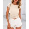 imageBTFBM Womens Summer Tops 2025 Ribbed T Shirts Crew Neck Short Sleeve Stretchy Ruched Slim Fit Workout Going Out TopBeige