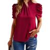 imageBTFBM Womens Summer Boho Shirt Top Ruffle Short Sleeve Frill Trim Mock Neck Floral Solid 2025 Casual Blouses Shirts TopsSolid Wine Red