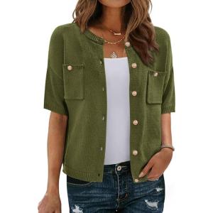 imageBTFBM Short Sleeve Cardigans for Women Button Up Sweaters Y2k Spring Summer 2025 Crew Neck Business Casual Work ClothesArmy Green