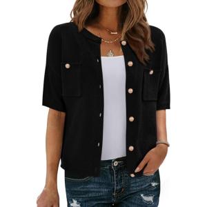 imageBTFBM Short Sleeve Cardigans for Women Button Up Sweaters Y2k Spring Summer 2025 Crew Neck Business Casual Work ClothesBlack