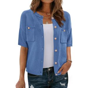 imageBTFBM Short Sleeve Cardigans for Women Button Up Sweaters Y2k Spring Summer 2025 Crew Neck Business Casual Work ClothesBlue