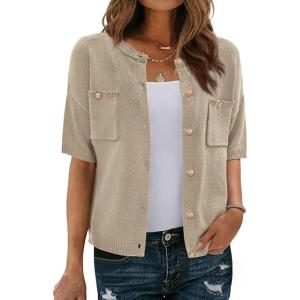 imageBTFBM Short Sleeve Cardigans for Women Button Up Sweaters Y2k Spring Summer 2025 Crew Neck Business Casual Work ClothesLight Khaki