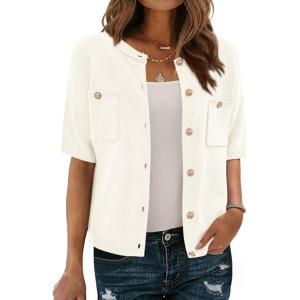 imageBTFBM Short Sleeve Cardigans for Women Button Up Sweaters Y2k Spring Summer 2025 Crew Neck Business Casual Work ClothesWhite