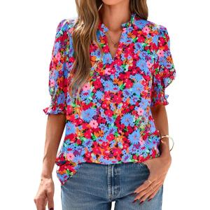imageBTFBM Summer Blouses for Women Dressy Casual 2025 Spring Floral Boho Shirts V Neck Puff Short Sleeve Business Work TopsFloral Black Multi
