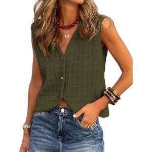 imageBTFBM Summer Sweater Vest for Women 2025 Sleeveless V Neck Button Up Cardigan Waffle Knit Tank Tops Spring ClothesArmy Green