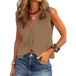 imageBTFBM Summer Sweater Vest for Women 2025 Sleeveless V Neck Button Up Cardigan Waffle Knit Tank Tops Spring ClothesKhaki