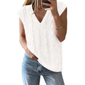imageBTFBM Womens Oversized Sweater Vest 2025 Summer V Neck Casual Sleeveless Sweaters Loose Cable Knit Pullover TopsWhite
