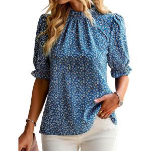 imageBTFBM Womens Summer Boho Shirt Top Ruffle Short Sleeve Frill Trim Mock Neck Floral Solid 2025 Casual Blouses Shirts TopsFloral Blue